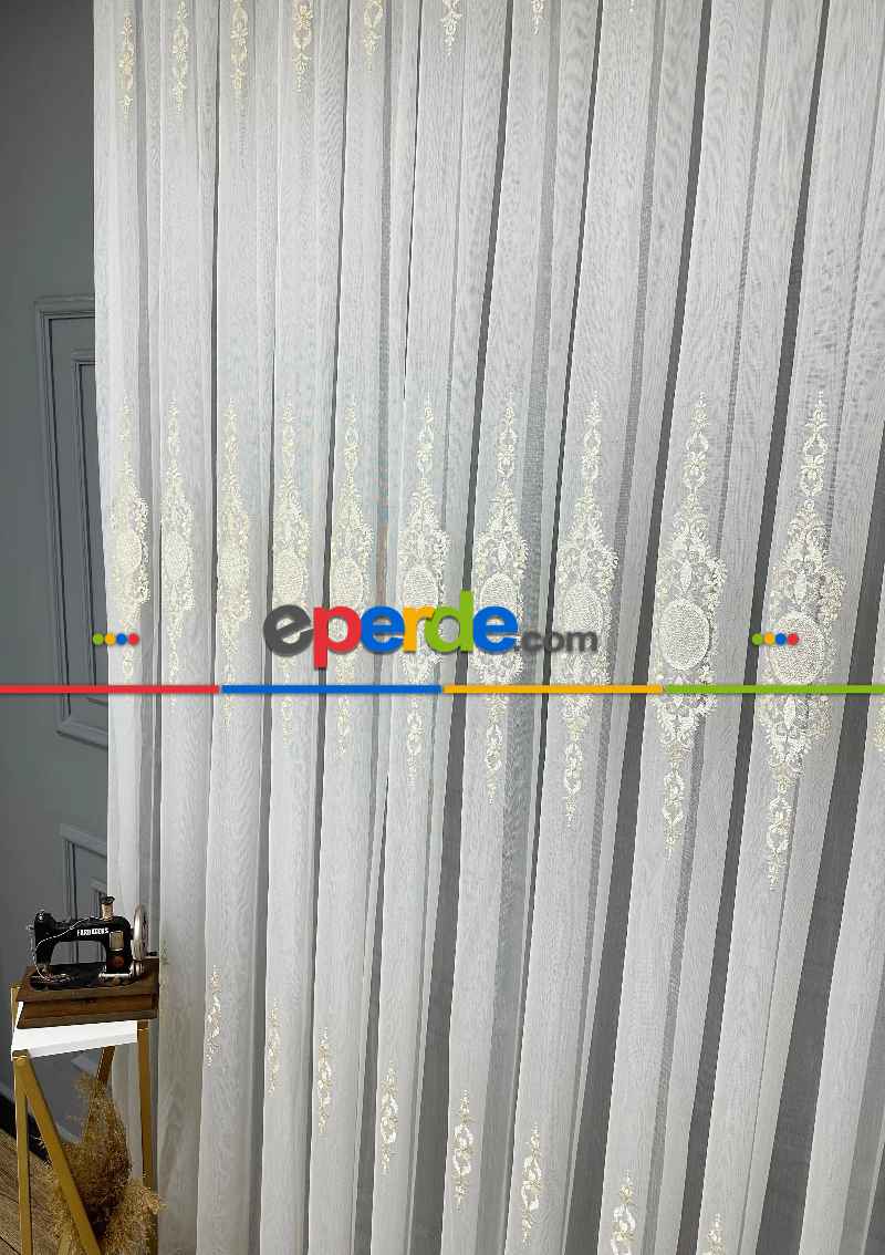 Brillant Ayna Desen Gold İşlemeli Tül Perde