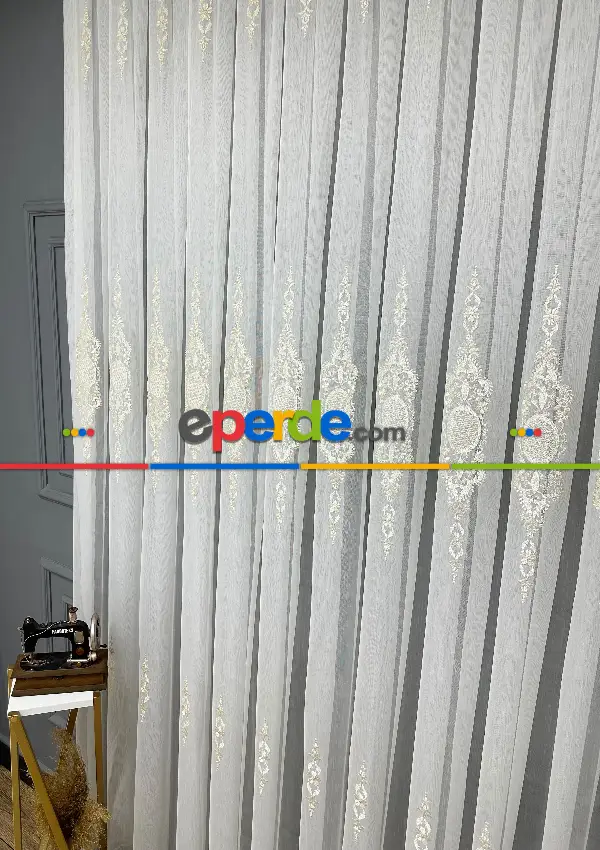 Brillant Ayna Desen Gold İşlemeli Tül Perde