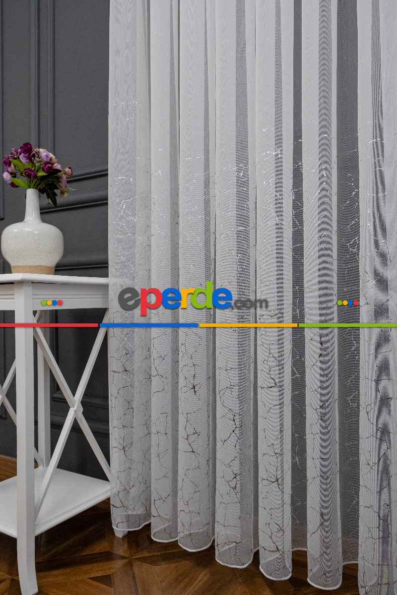 Modern Gümüş Varaklı Keten Tül Perde Yüksek Kalite