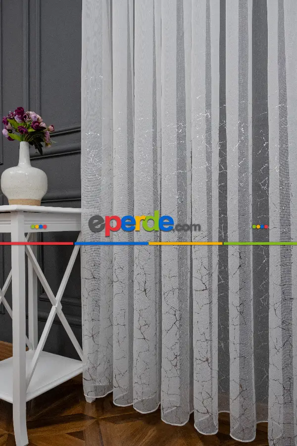 Yatak Odası - Modern Gümüş Varaklı Keten Tül Perde Yüksek Kalite