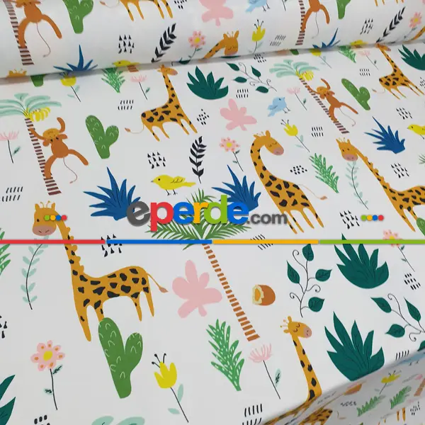 Bebek Odası Fon - Zürafa Ve Maymun Desenli Fon Perde Evm1088-3 Kumaşı Kalındır Duck Bezi Değildir- Siyah