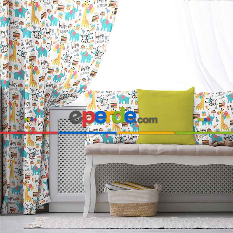 Zürafa Desenli Fon Perde Evim869 Kumaşı Kalındır Duck Bezi Değildir- Mavi-beyaz