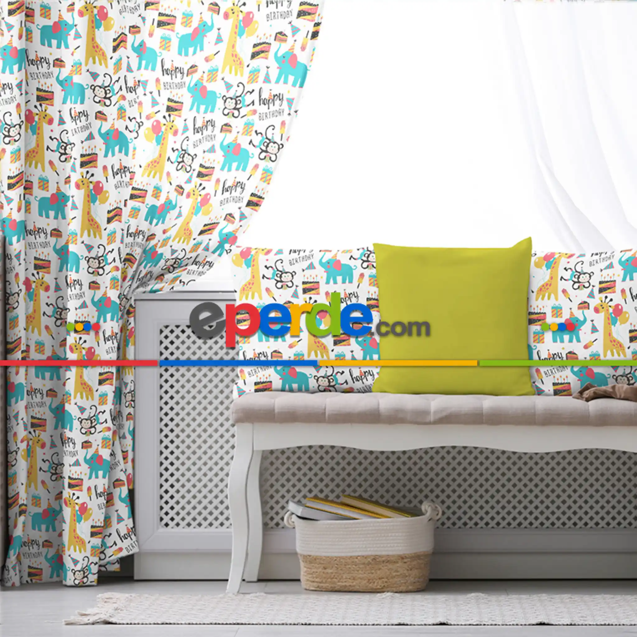 Çocuk Odası - Zürafa Desenli Fon Perde Evim869 Kumaşı Kalındır Duck Bezi Değildir- Mavi-beyaz