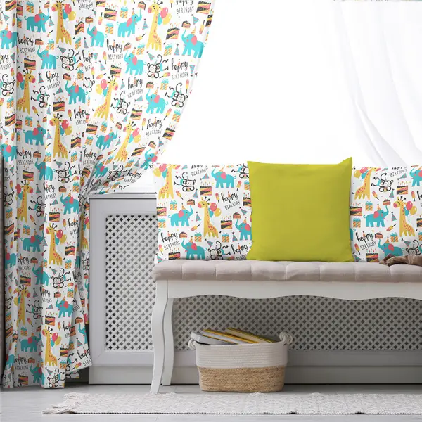 Çocuk Odası - Zürafa Desenli Fon Perde Evim869 Kumaşı Kalındır Duck Bezi Değildir- Mavi-beyaz