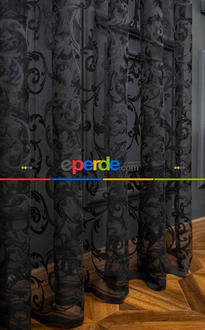 Sarmaşık Şal Desen Siyah Renk Desen Tasarım Tül Perde
