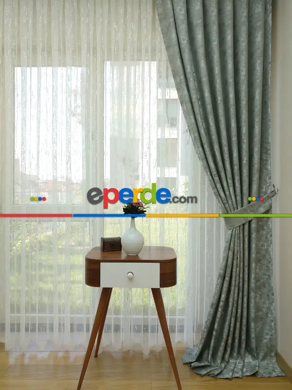 Patinedesenli Mint - Katyonik Jakar Fon Perde- Mint