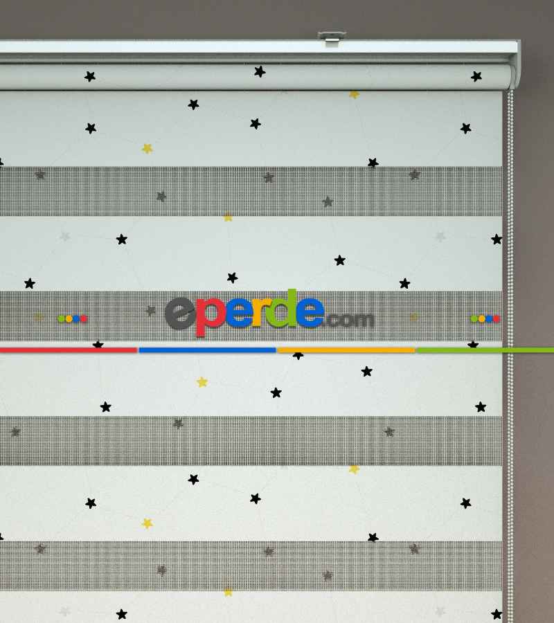 Siyah, Sarı Renklerde Küçük Yıldız Desenli Baskılı Zebra Perde