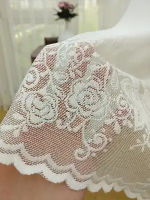 Etek Ucu Çiçek Gül Desenli Dantel Tül Perde - Ekru