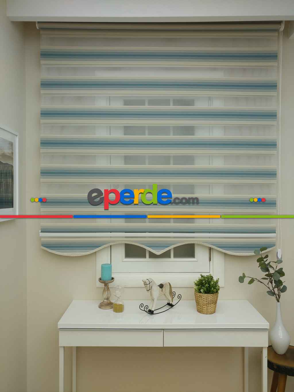 Zebra Perde - Degrade Renk Geçişli Pileli Zebra Perde- Mavi-bej-mavi Doymamış-mavi Grimsi