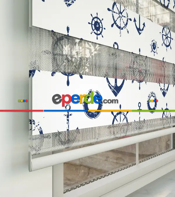 Çapa Baskılı Zebra Perde- Mavi-beyaz