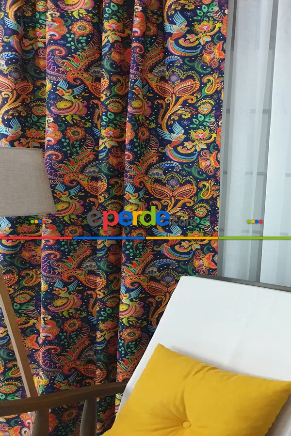 Etnik Desenli Fon Perde Evm452 _e - Kumaşı Kalındır Duck Bezi Değildir.- Lacivert-Mavi-Sarı-Kahve-Çok Renkli