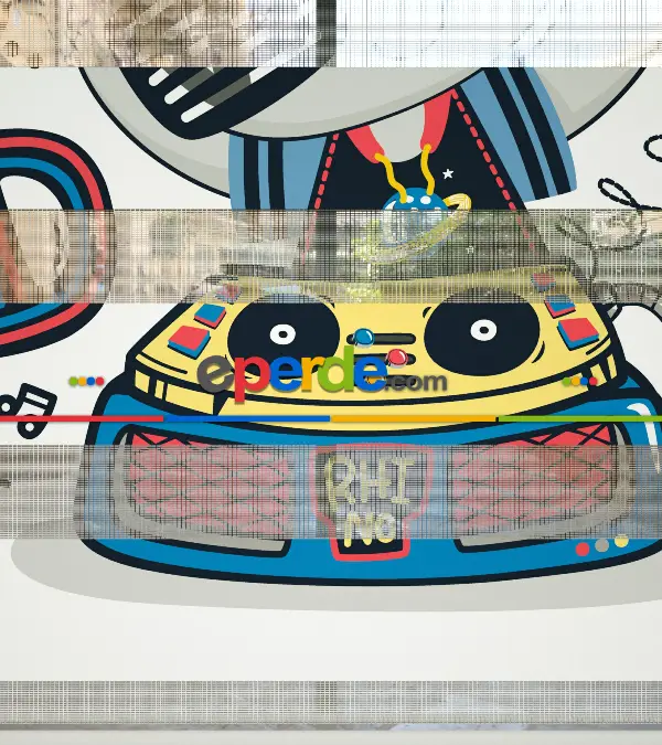 Dinazor Desenli Özel Baskılı Zebra Perde- Çok Renkli