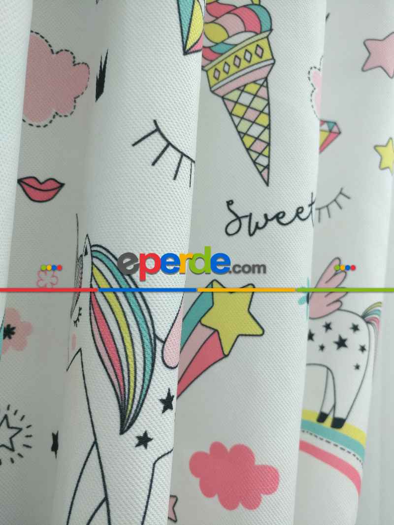 Unicorn Desenli Fon Perde Evm681 Kumaşı Kalındır Duck Bezi Değildir- Siyah-Beyaz-Pembe