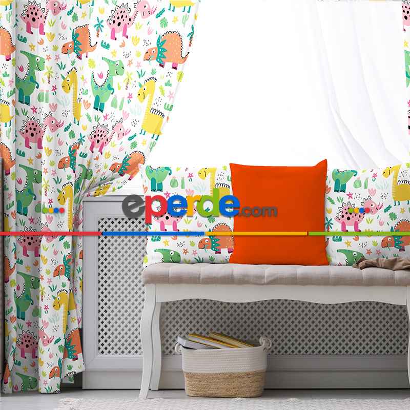 Çocuk Odası - Dinazor Desenli Fon Perde Evim862 Kumaşı Kalındır Duck Bezi Değildir- Mavi-beyaz