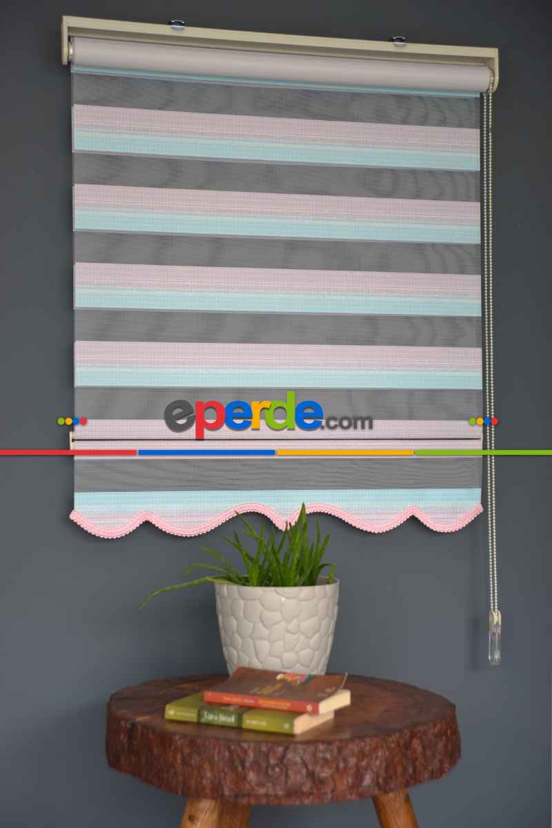 Halim Perdesan Zn-23 Gül Kurusu & Turkuaz Renk Etekli Veya Eteksiz Zebra Stor Perde