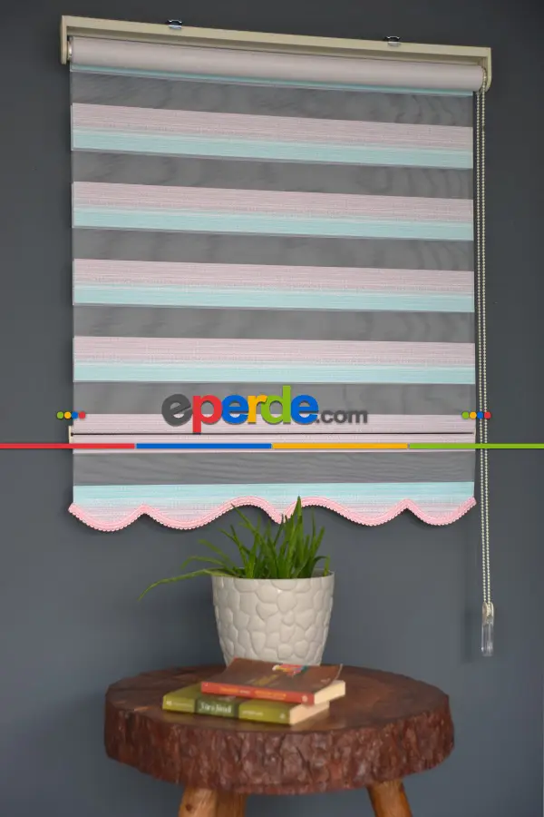 Halim Perdesan Zn-23 Gül Kurusu & Turkuaz Renk Etekli Veya Eteksiz Zebra Stor Perde