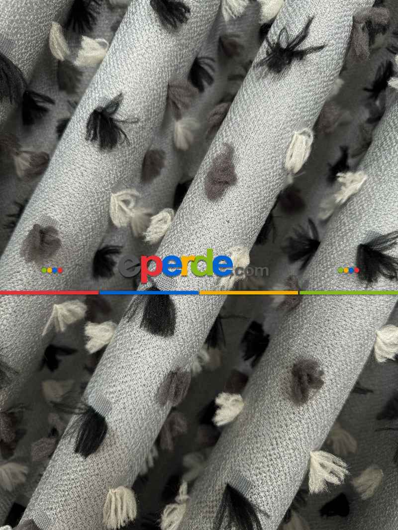 Yatak Odası - Gri Ponponlu Jakar Dokuma, Premium Kalite Serisi Fon Perde