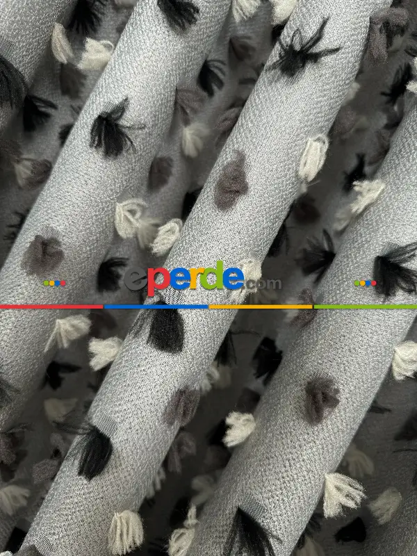 Yatak Odası - Gri Ponponlu Jakar Dokuma, Premium Kalite Serisi Fon Perde