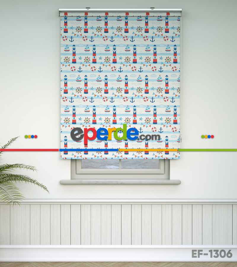 Çapa Baskılı Stor Perde- Mavi-kırmızı-beyaz