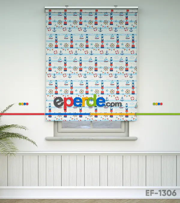 Çapa Baskılı Stor Perde- Mavi-kırmızı-beyaz