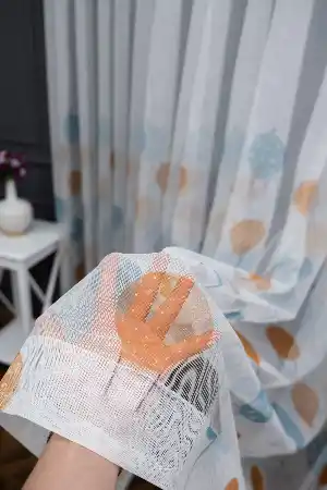 Petek Zemin Turuncu Ekru Renkli Balonlar Desenli Grek Baskılı Tül Perde