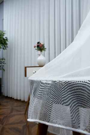 İnce Çizgili Hafif Keten Tül- Ekru - Kurşunlu Tül