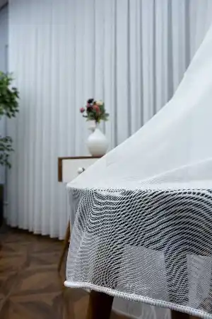 İnce Çizgili Hafif Keten Tül- Ekru - Kurşunlu Tül