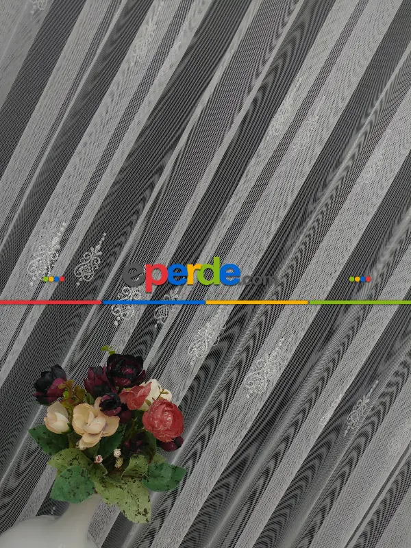 %60 İndirimli - Nakış İşlemeli Desenli Tül Perde - Ütü İstemez- Ekru