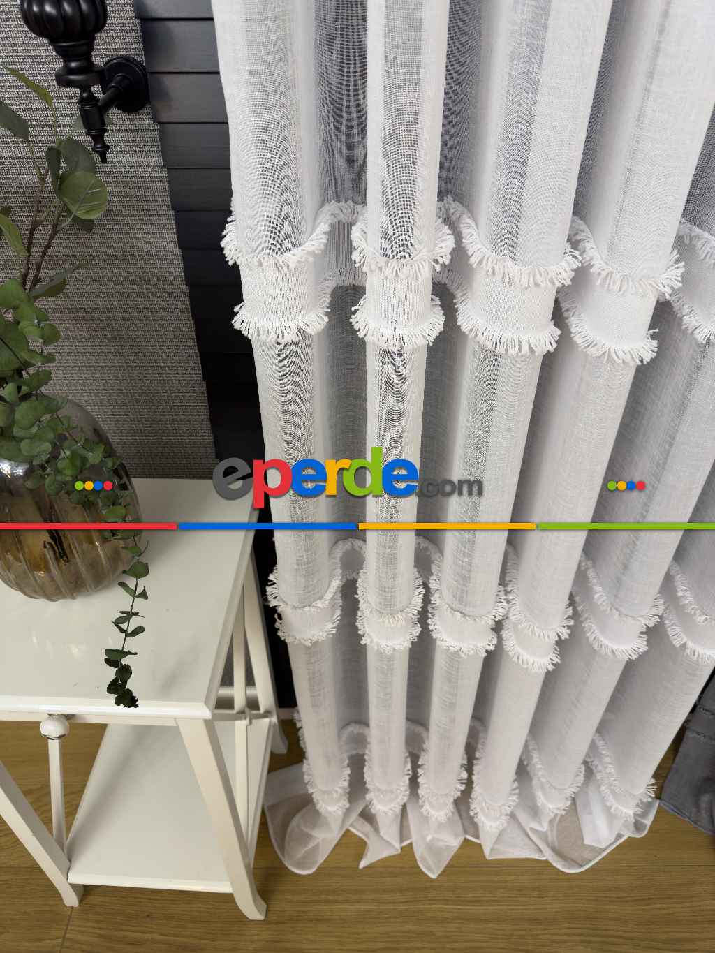 Yeni Trend Saçaklı Bantlı Keten Tül Perde Ekru Ve Gri Renk Seçenekleri