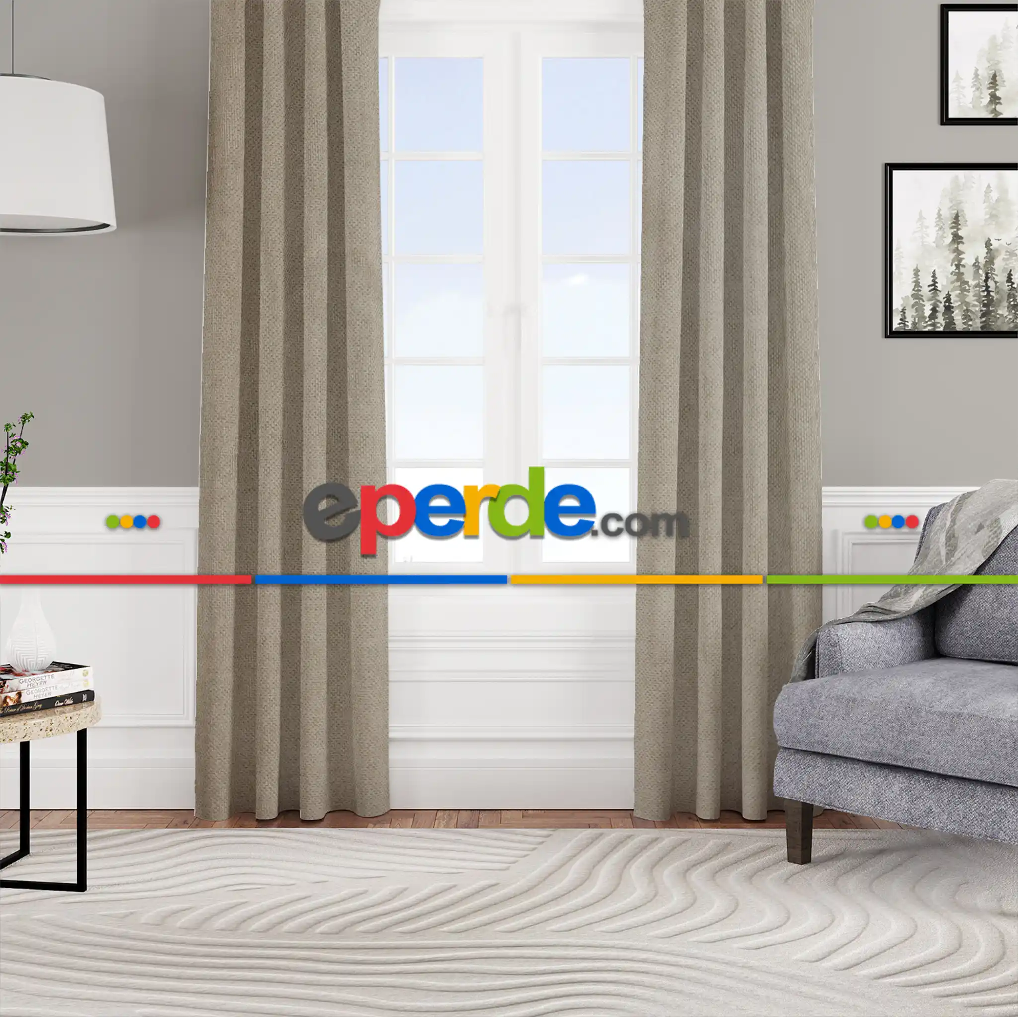 Oturma Odası - Kadife Dokulu Fon Perde Pilesiz Tek Kanat Vizon