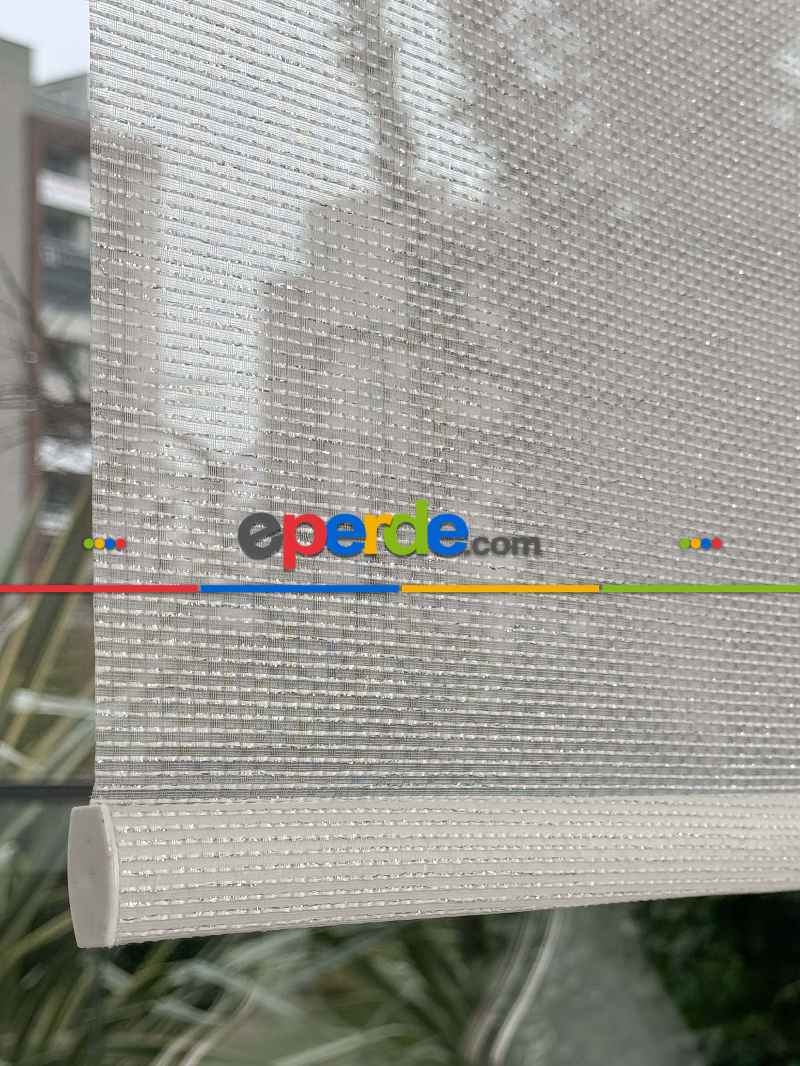 Ekru Gümüş Simli Çiftli Sistem Tül Stor Perde, Standart Metal Kasalı Yüksek Kalite Kornişe Kolay Montaj Seçenekli