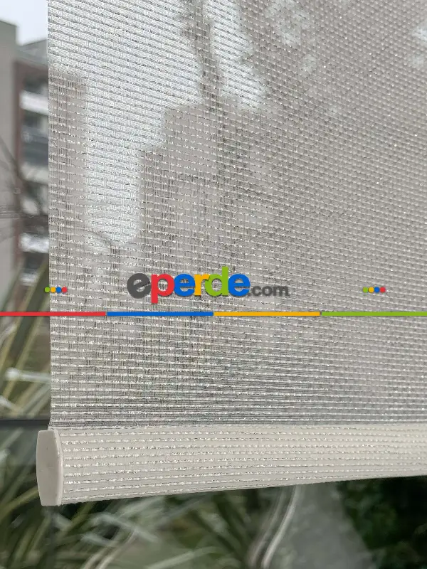 Ekru Gümüş Simli Çiftli Sistem Tül Stor Perde, Standart Metal Kasalı Yüksek Kalite Kornişe Kolay Montaj Seçenekli