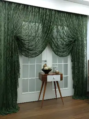 Koyu Yeşil - Damask Desenli Kruvaze Perde- Yeşil Koyu Yeşil