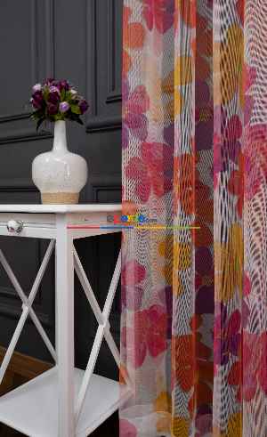 Hazır Ölçülü Petek Zemin Mor Ve Turuncu Renkli Çiçek Desenli Grek Baskılı Tül Perde