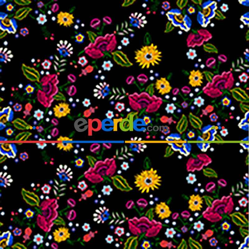 Çiçek Desenli Fon Perde Evm763 Kumaşı Kalındır Duck Bezi Değildir- Siyah-Yeşil-Beyaz