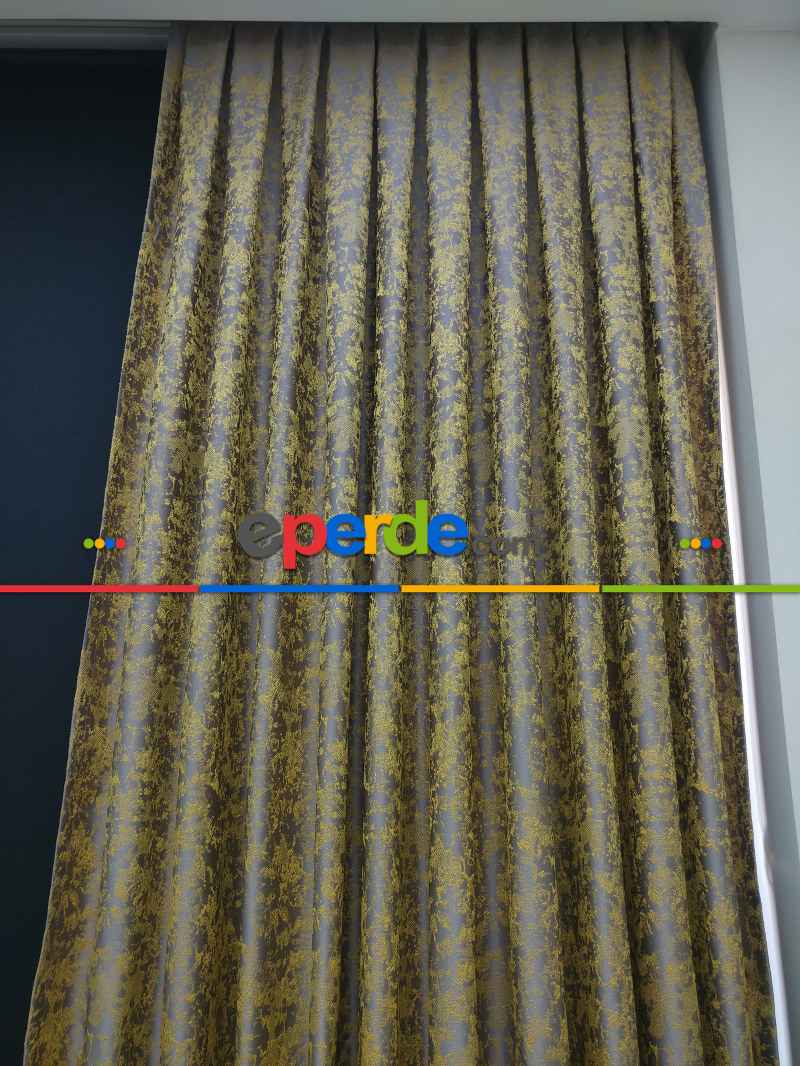 Hardal Antrasit Desenli Jakar Fon Perde - Altın