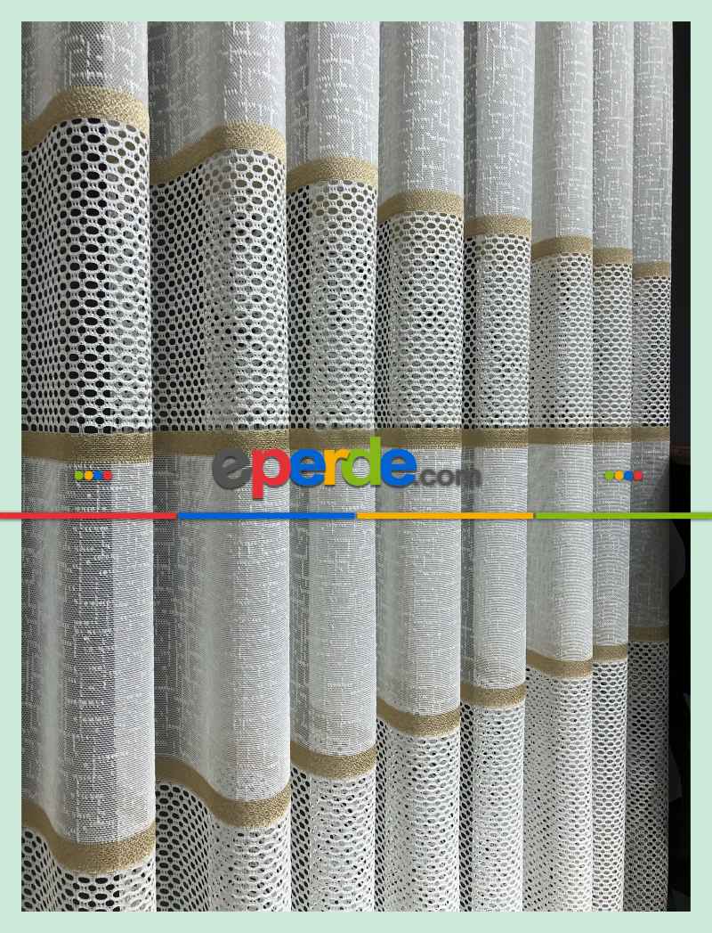 Altın Çizgili Tül Perde - Spor Desenli - Tül Perde - Örme Tül Perde - Ütü İstemeyen