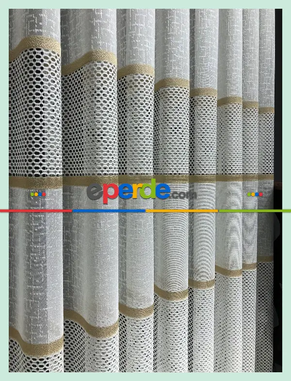 Salon - Aplik, Jakar, Eteği Bordürlü, Tül Perde - Ekru/gold