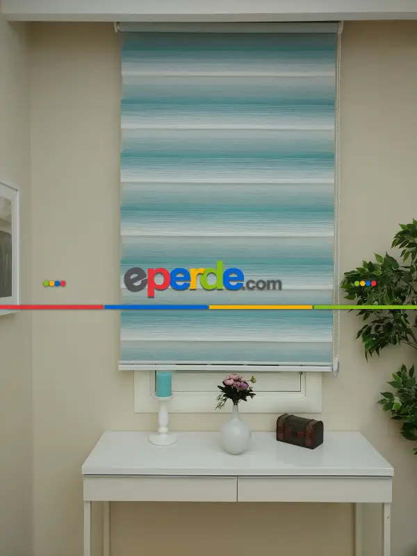 Salon Zebra Perde - Zebra Perde -turkuaz Geçişli Pileli Zebra (kalın Doku Zeminli)- Turkuaz Yeşili Ara Renk