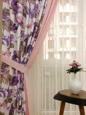 Pembe - Mor Çiçek Desenli Fon Perde- Pembe-Mor