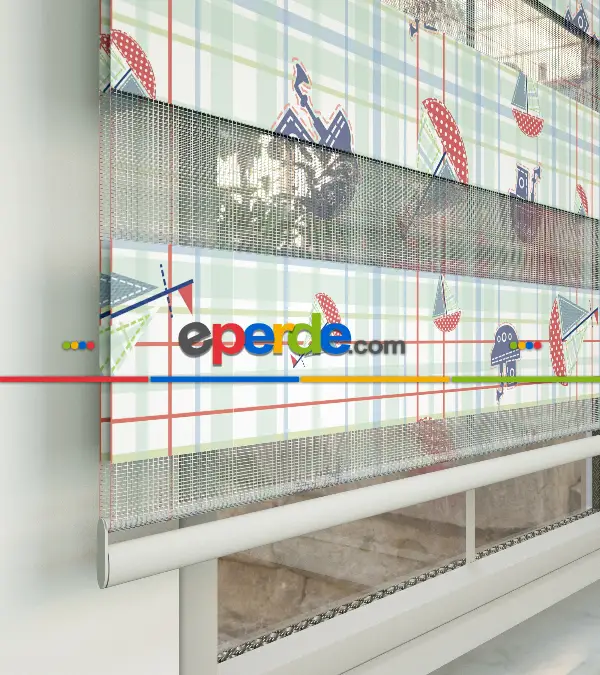 Bebek Odası Zebra Perde - Yelkenli Desen Baskılı Zebra Perde- Çok Renkli