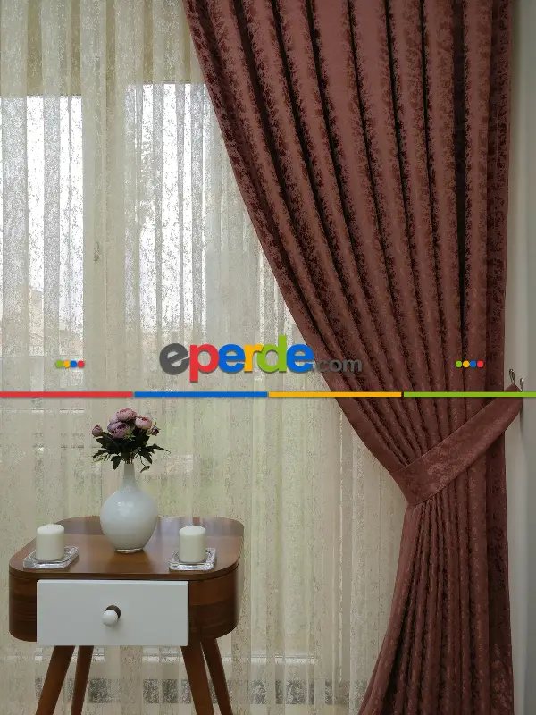 Yatak Odası - Bakır Duz Jakar Fon Perde - Kiremit Rengi