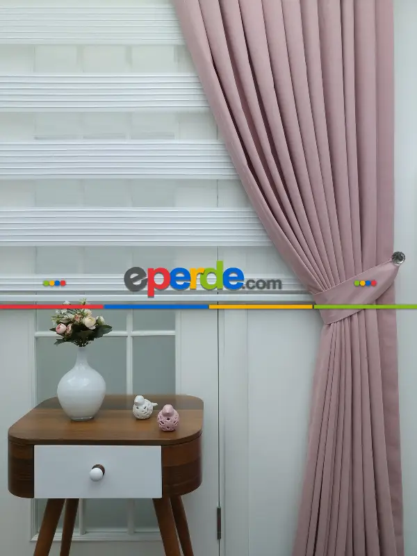 Salon Fon - Pudra Pembe -gül Kurusu - Düz Fon Perde (  Dökümlü Fon Perde)- Pembe Pudra Pembe