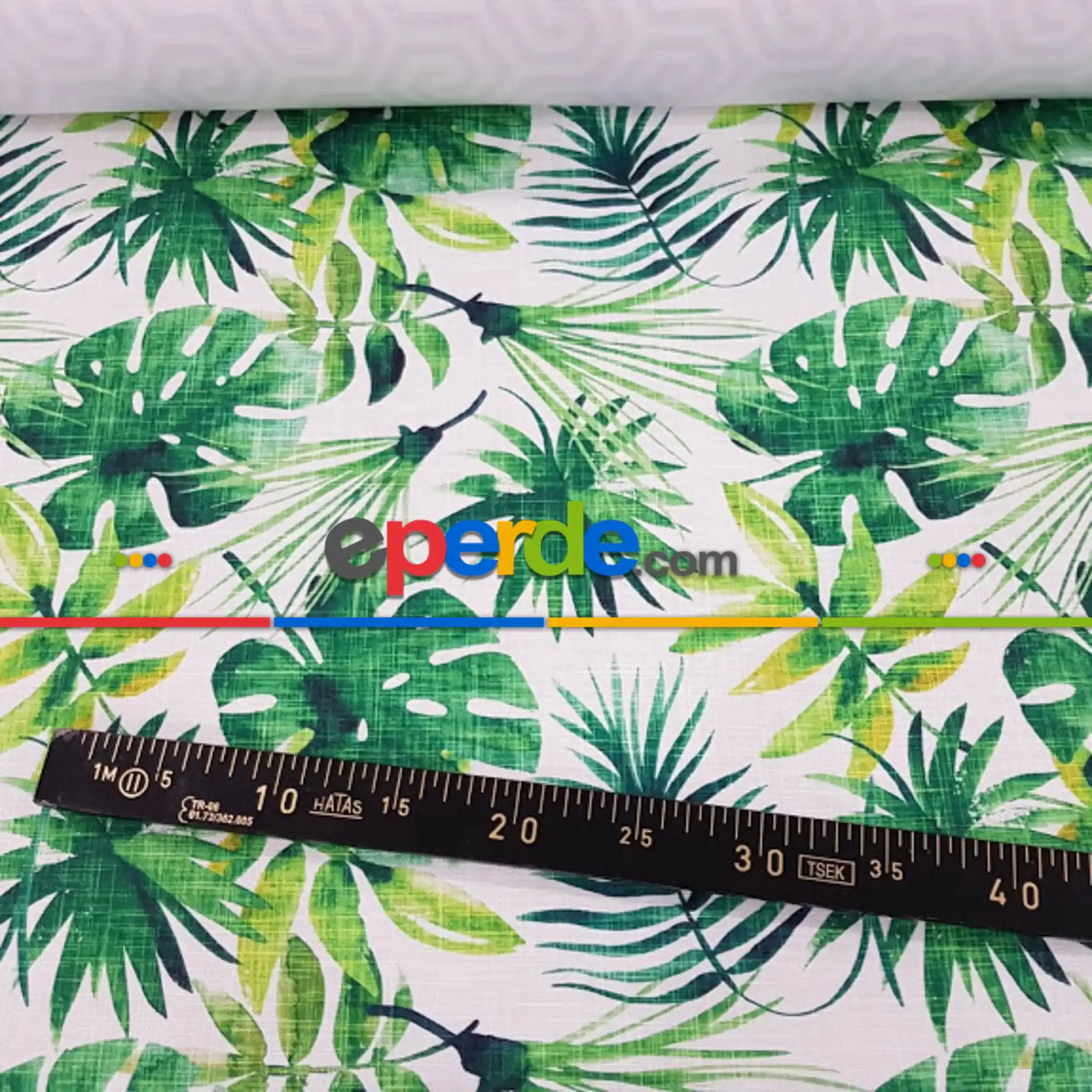 Salon Fon - Tropikal Yaprak Desenli Fon Perde Evm1119 Kumaşı Kalındır Duck Bezi Değildir- Yeşil-Beyaz