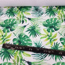 Salon Fon - Tropikal Yaprak Desenli Fon Perde Evm1119 Kumaşı Kalındır Duck Bezi Değildir- Yeşil-Beyaz