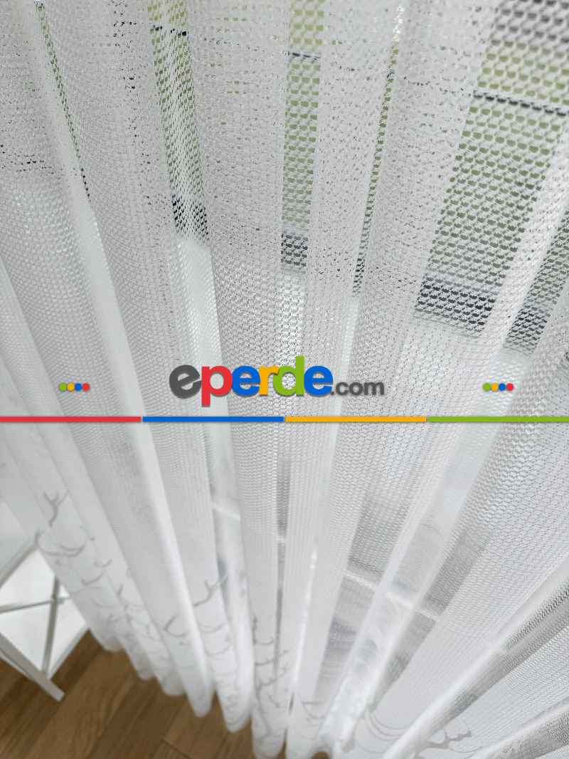 Oturma Odası - Sarmaşık Dal Desenli Fransız Dantel Örme Tül Perde, Desenli Ütü İstemeyen Tül