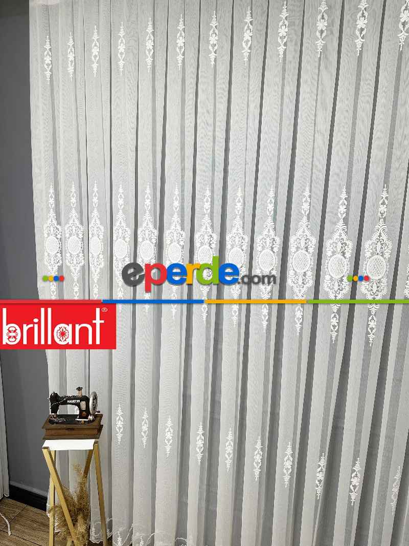 Brillant Ayna Desen Beyaz İşlemeli Tül Perde