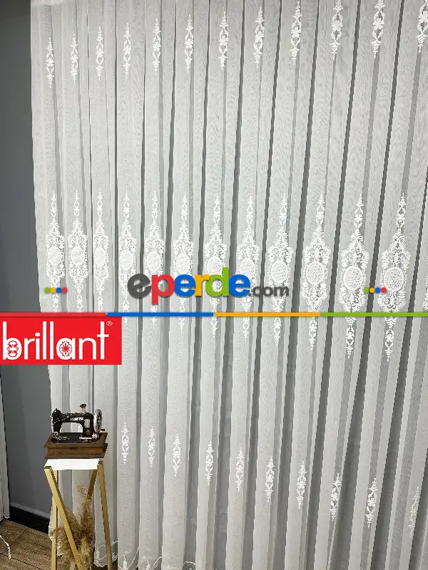 Brillant Ayna Desen Beyaz İşlemeli Tül Perde