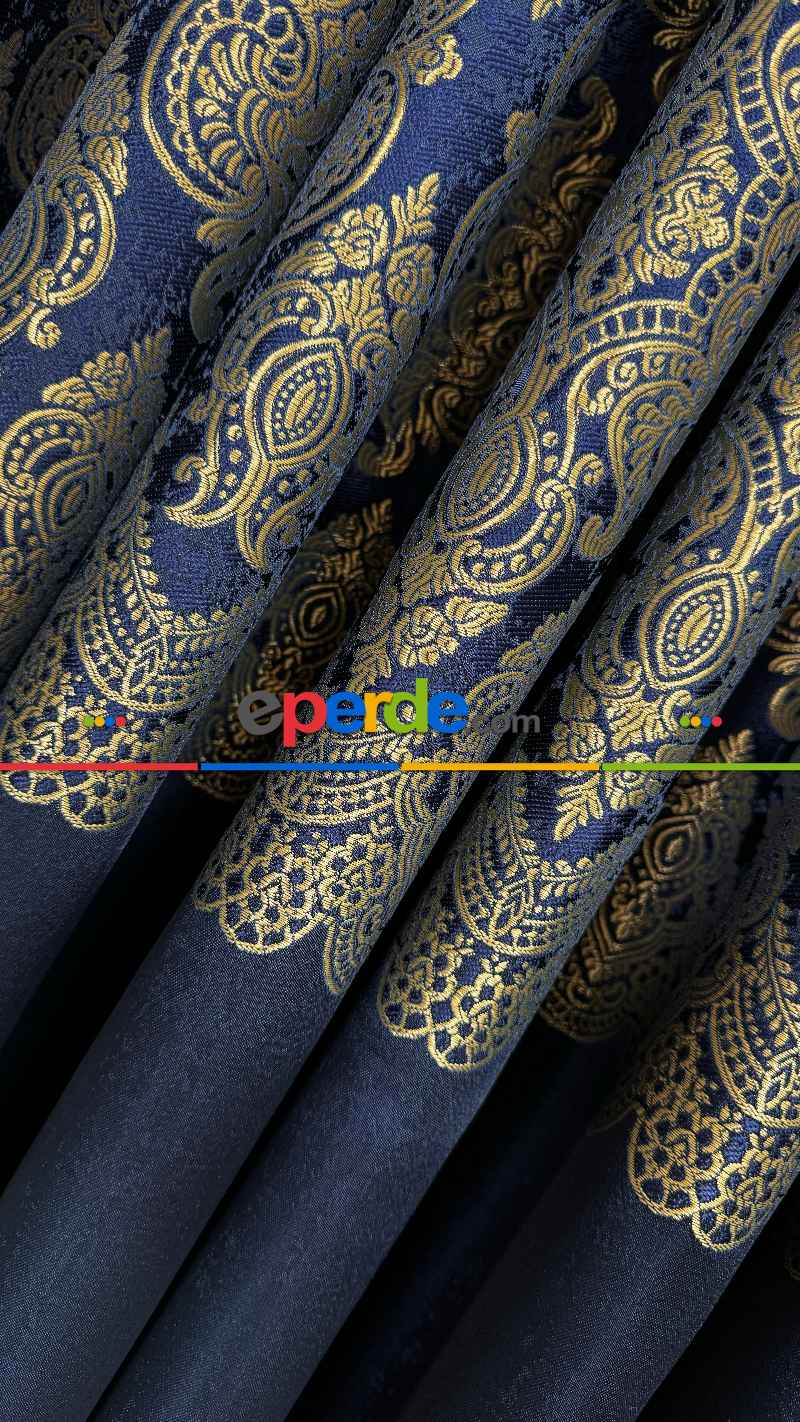 Lacivert Altın Fon Perde, Pano Damask Desenli