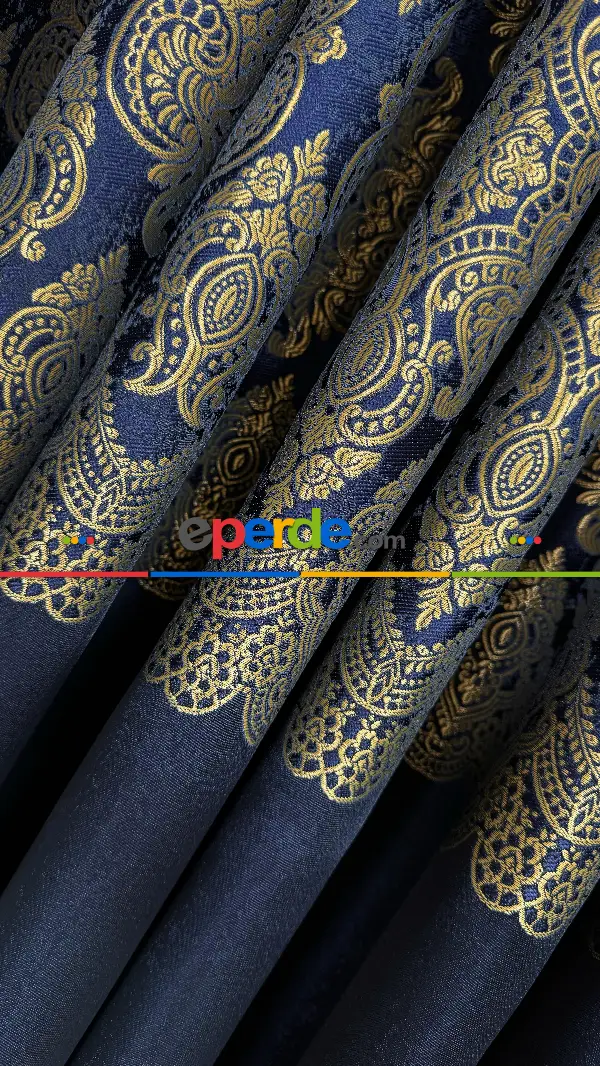 Lacivert Altın Fon Perde, Pano Damask Desenli